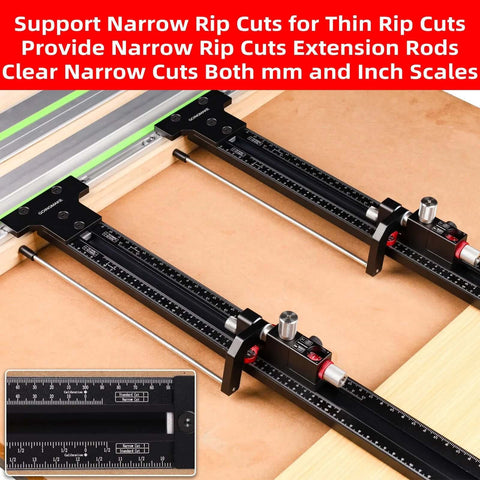 GOINGMAKE Track Saw Parallel Guide System in black with micro-adjustable flip stop for repeatable rip cuts on rails