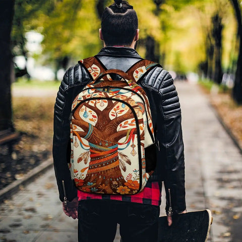 Unisex Vintage Ethnic Floral Tree Pattern Backpack with Large Capacity, Durable Polyester Build, Breathable Fabric on a person outdoors.