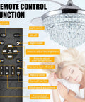 Crystal Ceiling Fan With Light 42 Inch Fandelier, remote control functions for six speeds, stepless dimming, bedroom use