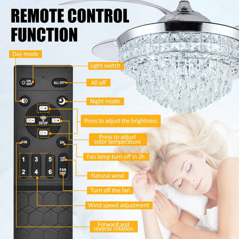 Crystal Ceiling Fan With Light 42 Inch Fandelier, remote control functions for six speeds, stepless dimming, bedroom use