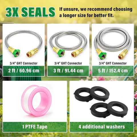 2 Ft Garden Hose With Female To Male Metal Connector 304 Stainless Steel Leader Hose For Hose Reels, Washers, Seal Tape