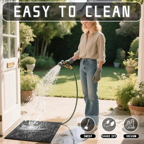 Woman washing Heavy Duty Non Slip Outdoor Doormat For Front Door And Entryway Waterproof Sturdy Retro Mat For Garage And Patio Easy Clean 29.5 By 17 Inches Grey Durable Dirt Trap For All Weather Use with hose in garden