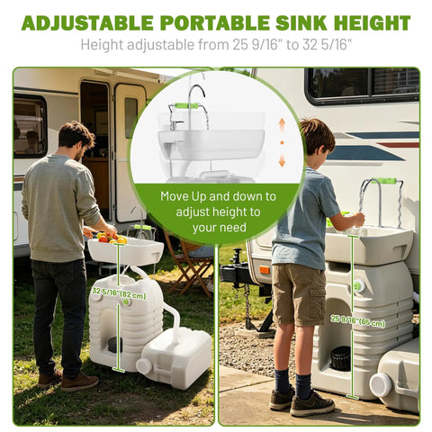 No Sweat 12 Gallon Heavy Duty Portable Hand Washing Station With Reliable Manual Pump And Drain Hose, height adjustable for convenience.