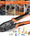 Pro Grade Ratcheting Crimping Tool Kit For Insulated Wire Connectors AWG 20 10 with 400 pcs of connectors and jaw sizes.
