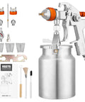 Pro Grade HVLP Siphon Paint Spray Gun Featuring 1000CC Aluminum Cup And Built In Pressure Regulator With Adjustable 1.7 Or 2MM Brass Tips with accessories.