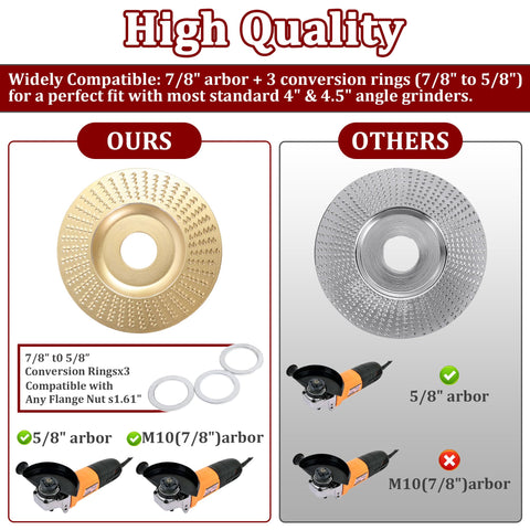 19 Piece Wood Carving Disc Set For Four And Four Point Five Inch Angle Grinders, showing compatibility and conversion rings