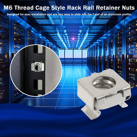 Heavy Duty M6 Mounting Cage Nuts For Server Rack And Network Cabinet Buildout Set, showing carbon steel rail retainer nuts.
