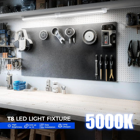 Garage workbench with Crazy Bright 5000K 1.5ft LED Shop Light With 3450 Lumens At 25W for under cabinet ceiling fixture installed