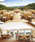 Outdoor and indoor dining setups with tables and chairs overlooking scenic landscape with wooden accents and large windows.
