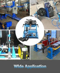 Heavy Duty Portable Welding Positioner Turntable With Foot Pedal Control and 65mm Chuck shown in a workshop for various welding tasks.