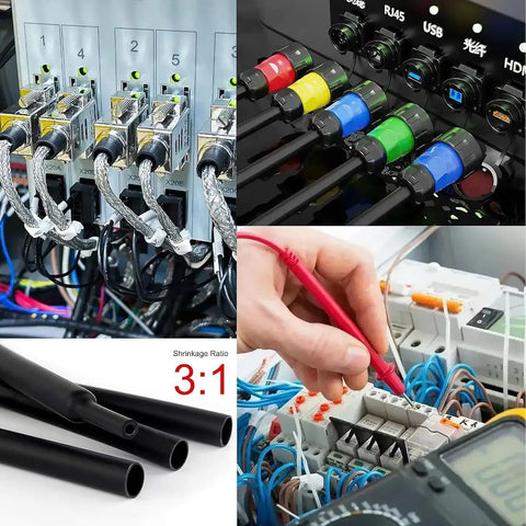 Assorted applications of 164Pcs Heat Shrink Tubing Kit With 8 Sizes Electric Insulation Tubing for wiring repair and DIY electronics.