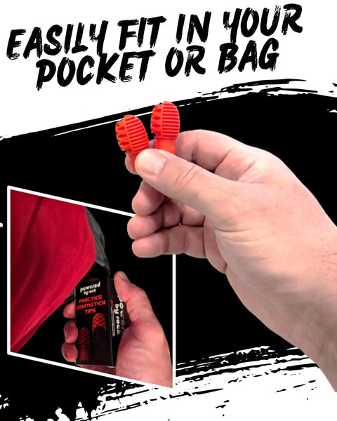 Silicone Drumstick Dampeners Replace Pads Quiet Practice Mute Tips 4 Pack held by hand, showcasing compact design for easy transport.