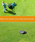 Person with traditional mower and robotic mower on lawn.