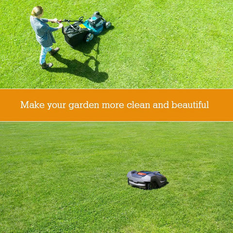 Person with traditional mower and robotic mower on lawn.