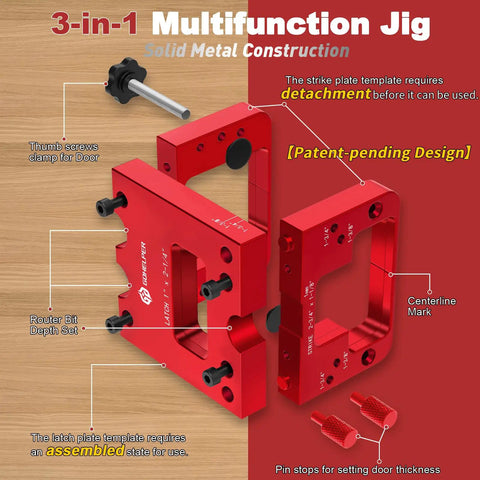 Heavy Duty Precision Aluminum Door Latch And Strike Plate Mortise Tool And Router Template Jig Ensuring No Sweat Alignment With Pro Grade Clean Smooth Cuts with red solid metal construction view.