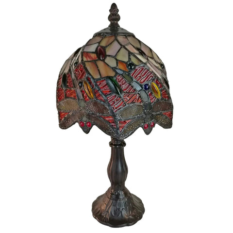 Dragonfly Mini Accent Lamp With Red Yellow Jewels For Bedside Nightstand Mood Lighting, Vintage Handmade Decor Gift, 14.5 Inch Tall 8 Inch Wide, Antique Style Lamp For Cozy Vibe; front view