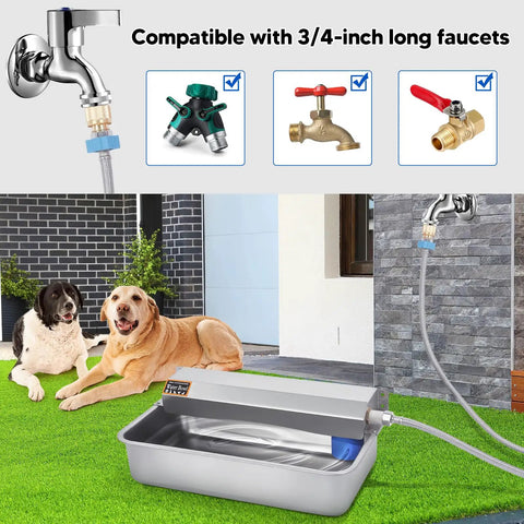 Top Tier Automatic Dog Water Dispenser 6 Liter Gravity Feeder with faucet connection and large metal bowl for outdoor use.