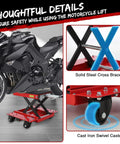 Beefy 1200 Lbs Motorcycle Lift Jack With Wheels For Dirt Bikes Street Bikes Cruisers And ATVs showcasing side view and features