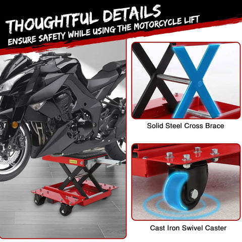 Beefy 1200 Lbs Motorcycle Lift Jack With Wheels For Dirt Bikes Street Bikes Cruisers And ATVs showcasing side view and features