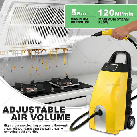 Heating In 30 Sec For Fast Cleaning This Heavy Duty 3000W Steam Cleaner Features A 3.5L Tank And Hits 180 Degrees Celsius For Deep Stain Removal Use It On Kitchens Cars Carpets And Ac Units With Nine Accessories For Total Home Hygiene, steam cleaner in use on greasy kitchen hood.