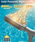 Solar Pool Fountain With Ten Color LED Lights And Four Lighting Modes, Dual Spray Waterfall Sprinkler, 360 Degree Adjustable Flow, Auto Night Light Sensor, For Above Ground And Inground Pools, White shown with solar panel and pool background.