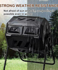 Rotating Compost Bin Dual Chamber Tumbler 43 Gallon Outdoor Garden Patio Kitchen Compost System in a rainy outdoor setting