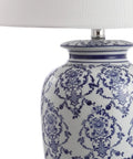 Chinoiserie Blue And White Ceramic Table Lamp With Urn Silhouette, Traditional Asian Inspired Living Room Or Bedroom Lighting, White Linen Shade, LED Bulb Included, ETL Listed For Safety, close-up of lamp base design