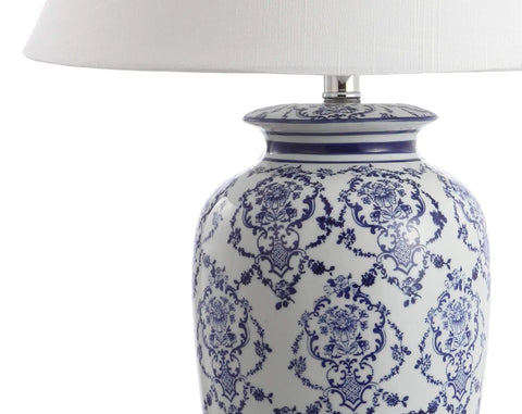 Chinoiserie Blue And White Ceramic Table Lamp With Urn Silhouette, Traditional Asian Inspired Living Room Or Bedroom Lighting, White Linen Shade, LED Bulb Included, ETL Listed For Safety, close-up of lamp base design
