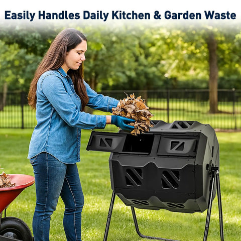 Dual Chamber Compost Bin Outdoor 43 Gallon Rotating Tumbling Composter With Sliding Doors shown in garden setting