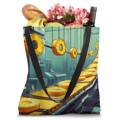 Industrial Cheese Conveyor Belt Artwork Tote Bag For Foodies And Cheese Lovers, 16x16, cotton, filled with groceries.