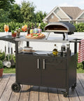 Outdoor Grill Cart With Large Storage And Foldable Stainless Steel Top Wheels And Towel Rack Bottle Opener Trash Rack 6 S Hooks Portable Bar Table And Pizza Oven Table For Patio Kitchen Island Bbq Black on deck with pizza and drinks