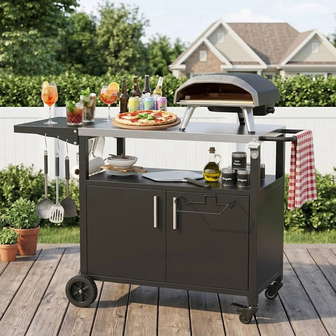 Outdoor Grill Cart With Large Storage And Foldable Stainless Steel Top Wheels And Towel Rack Bottle Opener Trash Rack 6 S Hooks Portable Bar Table And Pizza Oven Table For Patio Kitchen Island Bbq Black on deck with pizza and drinks