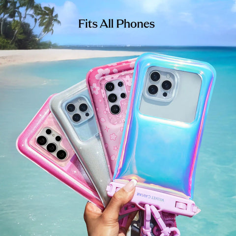 Waterproof Phone Pouch With Lanyard IP68 Floating Case For All Phones in various colors, held by a hand near the beach.