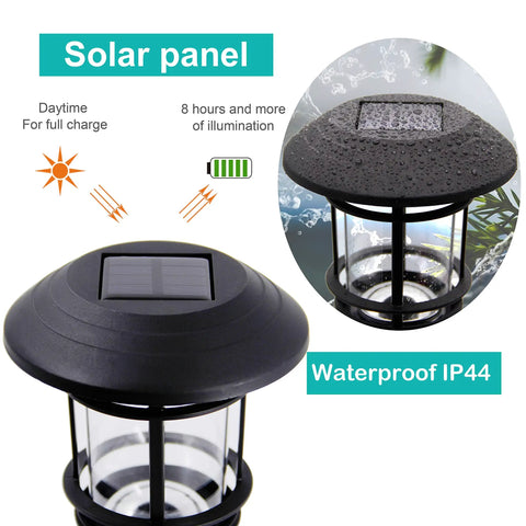 Six Pack Solar Powered Pathway Lights Waterproof Warm White Outdoor Lighting For Lawn Patio Yard Walkway Deck And Driveway Auto On At Dusk Off At Dawn No Wiring displaying close-up of solar panels and waterproof feature.