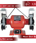 6-Inch Bench Grinder With Dual Eye Shields, 3400 RPM, 2.1A, 1/3 HP, showing thick and mid grit wheels and on/off switch.