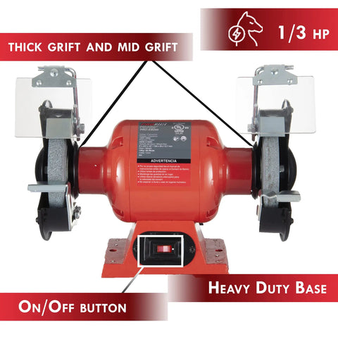6-Inch Bench Grinder With Dual Eye Shields, 3400 RPM, 2.1A, 1/3 HP, showing thick and mid grit wheels and on/off switch.