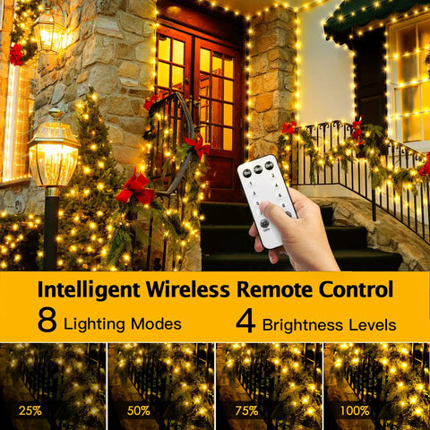 Outdoor 1000 LED Christmas Lights 405 Ft Waterproof String With Remote And Timer 8 Modes Plug In Warm White illuminating porch