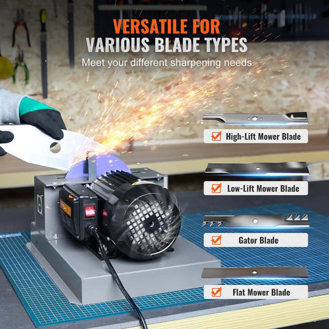 Heavy Duty Lawn Mower Blade Sharpener Delivering Serious Kick With A Gutsy 500 Watt Motor And Seven Inch Grinding Wheel for various blade types.