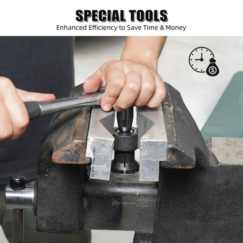Hands using a wrench on a tool kit for installing bushings in an X3 Side By Side Off Road Machinery Secondary Clutch Bushing Service.