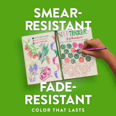 Hand writing in a planner with Go-To Felt Tip Pens Set With Flair Markers, Medium Point 0.7mm, Assorted 24 Count, emphasizing smear resistance.