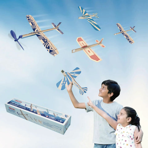 Children playing with Balsa Wood Airplane Kit 4 Pack With Rubber Band Powered Gliders For Kids, Easy Slot Tab Assembly No Glue