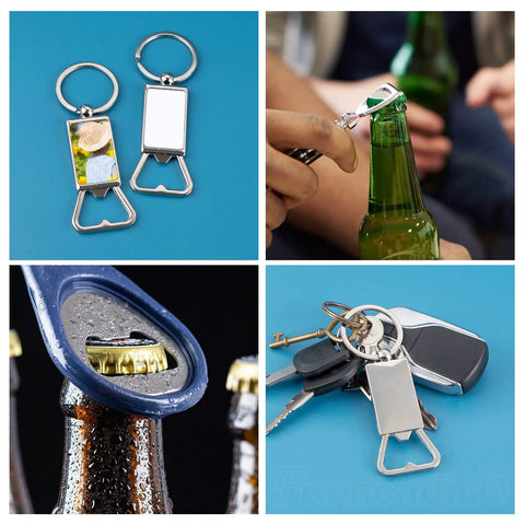 10 Pack Sublimation Blanks Keychains Aluminum Bottle Opener Transfer Key Rings For Custom DIY Gifts And Dope Crafts shown in use.