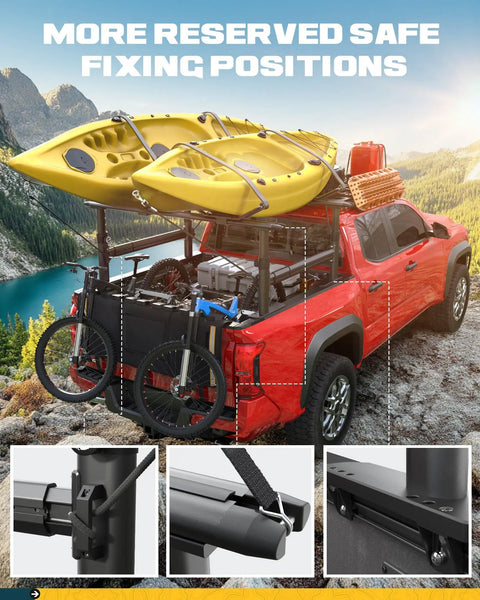 Ladder Rack With Side Bars For Trucks 800 Lb Capacity Fits Toyota Tacoma And Jeep Gladiator Heavy Duty Roof Mount Adjustable Height And Length Ideal For Tools And Gear on red pickup with kayaks and bikes