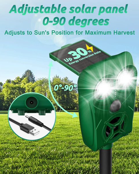 Solar Ultrasonic Animal Repellent With Motion Sensor And LED Lights, Waterproof Yard Deterrent For Deer Coyotes Raccoons And Cats, PIR Sensor Detects Up To 26 Feet At 110 Degree Coverage, Eco Friendly Solar Power, adjustable 0-90° solar panel