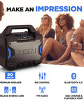 Tailgater Boom Outdoor Portable Bluetooth Speaker With Mic In FM Radio USB Port Battery IPX5 Water Resistant Wireless Stereo Link App Control 60W Peak Power For Parties Karaoke Tailgating Travel And Family Gatherings