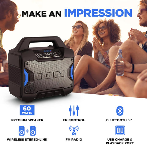 Tailgater Boom Outdoor Portable Bluetooth Speaker With Mic In FM Radio USB Port Battery IPX5 Water Resistant Wireless Stereo Link App Control 60W Peak Power For Parties Karaoke Tailgating Travel And Family Gatherings