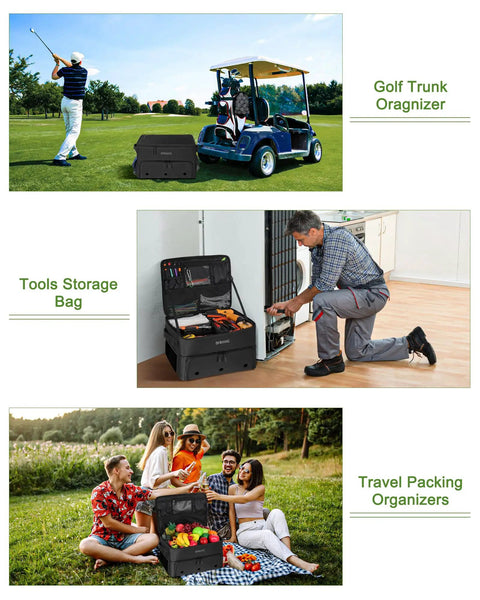 Golf Trunk Organizer With Two-Layer Storage And Shoe Pocket, next to a golf cart on a course, durable EVA, black, for golfers