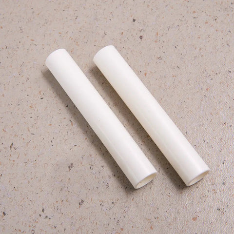 Close-up of two white plastic connectors for Three Piece Wood Pole Connectors for Canvas Kids Teepee Fits 0.76 Inch Joint Poles