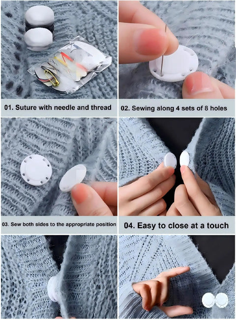 5 Pack Invisible Magnetic Snap Buttons For Apparel 26 Mm Sewing Snaps With Killer Hidden Magnets Easy Peasy Application For Jackets Coats Curtains Luggage And Sleepwear Top Shelf Nylon Base Clean White sewing process on blue fabric.