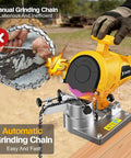 Person demonstrating Cordless Electric Chainsaw Chain Sharpener High Speed 5800 RPM Bench Mounted For One Quarter Inch Zero Point Three Two Five Inch Three Eighths Inch Zero Point Four Zero Four Inch Pitch Fits Twenty Volt And Sixty Volt Batteries No Battery Included.